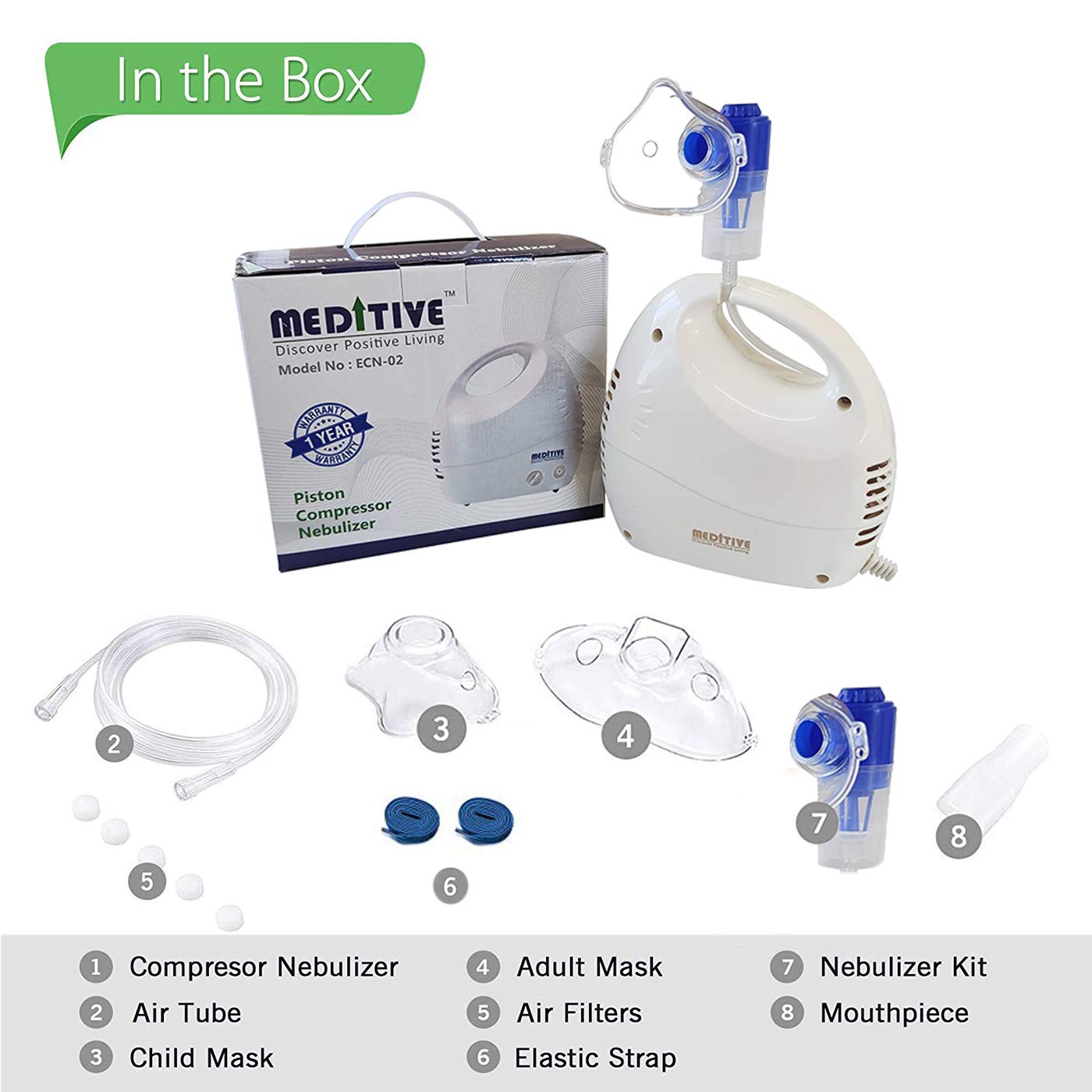 MEDITIVE Respiratory Piston Compressor Nebulizer Inhaler with Handle and All Acc