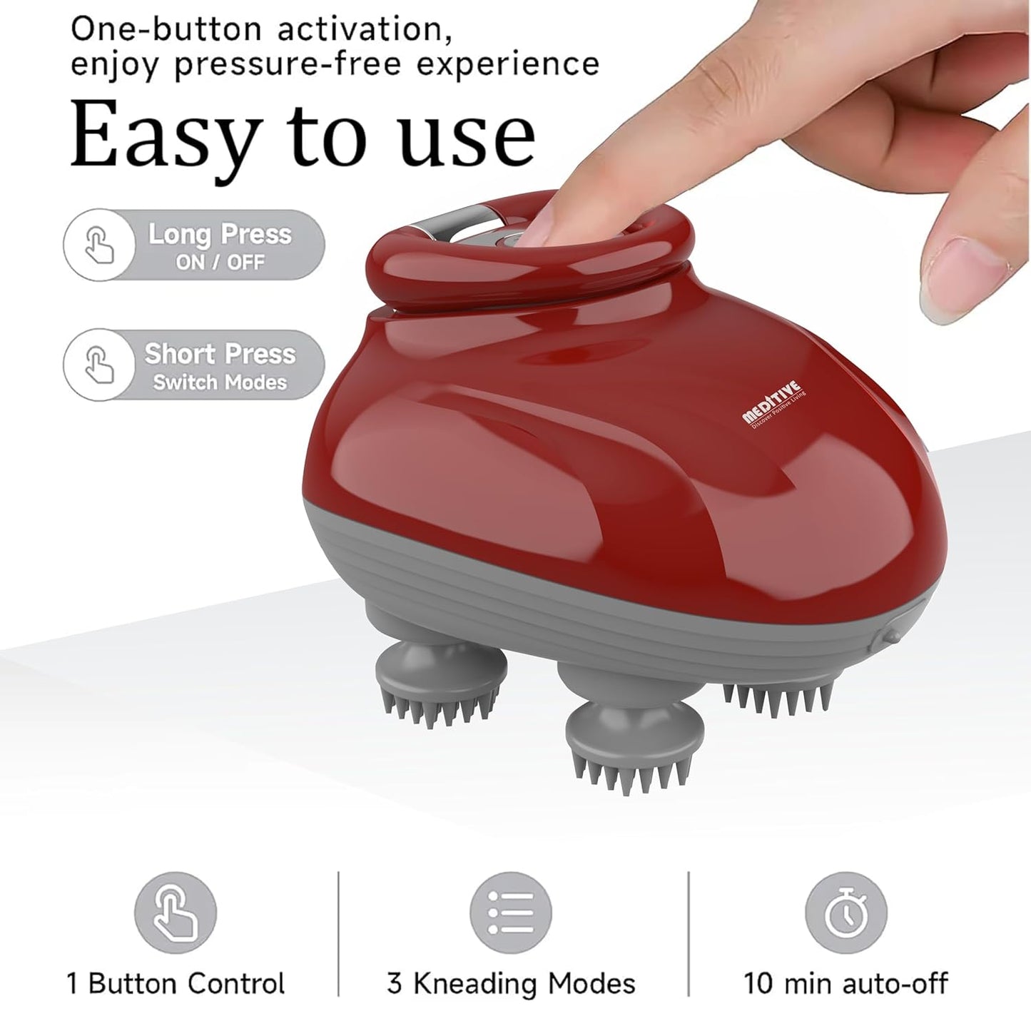 MEDITIVE Electric Scalp Massager | 3-Speed, 4 Detachable Heads | Waterproof Cordless Rechargeable