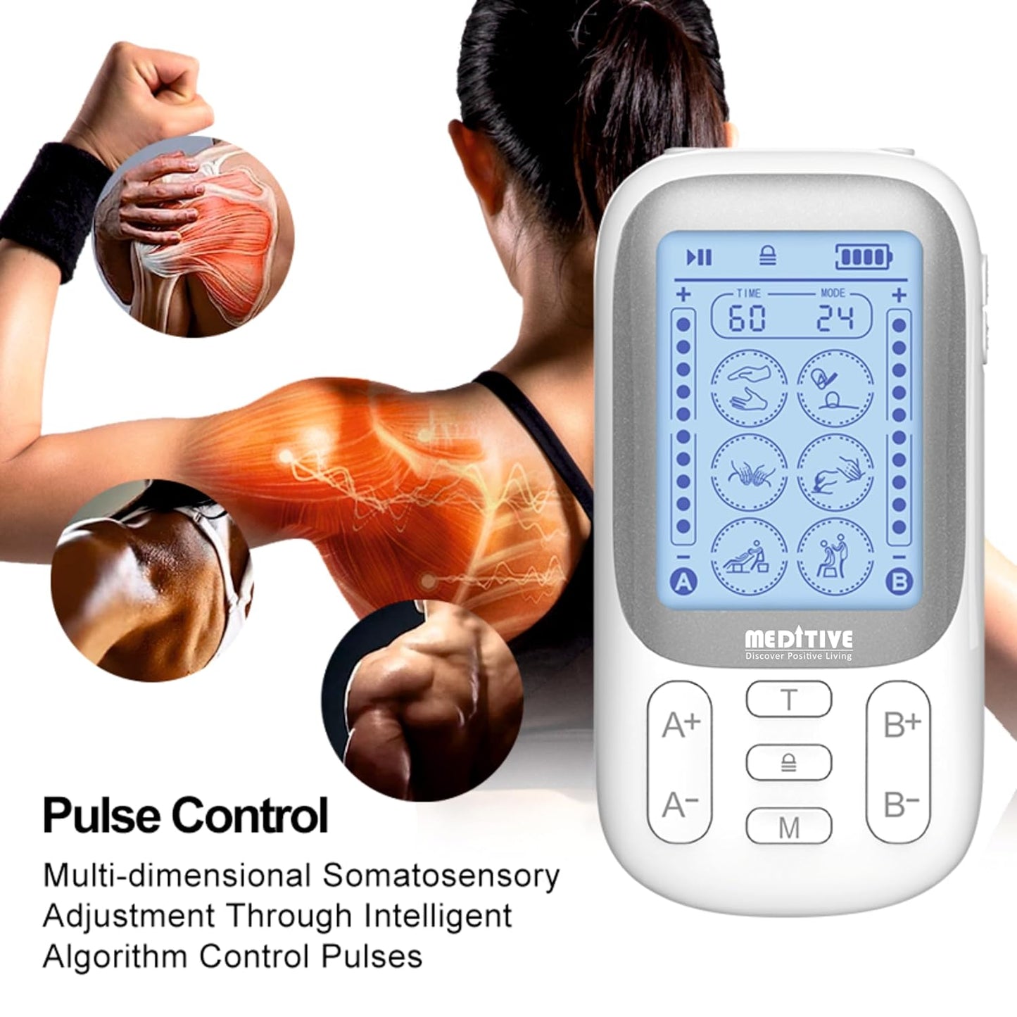 MEDITIVE 24 Modes Tens Unit Rechargeable Pain Relief Electric Pulse Impulse Body Massager Machine
