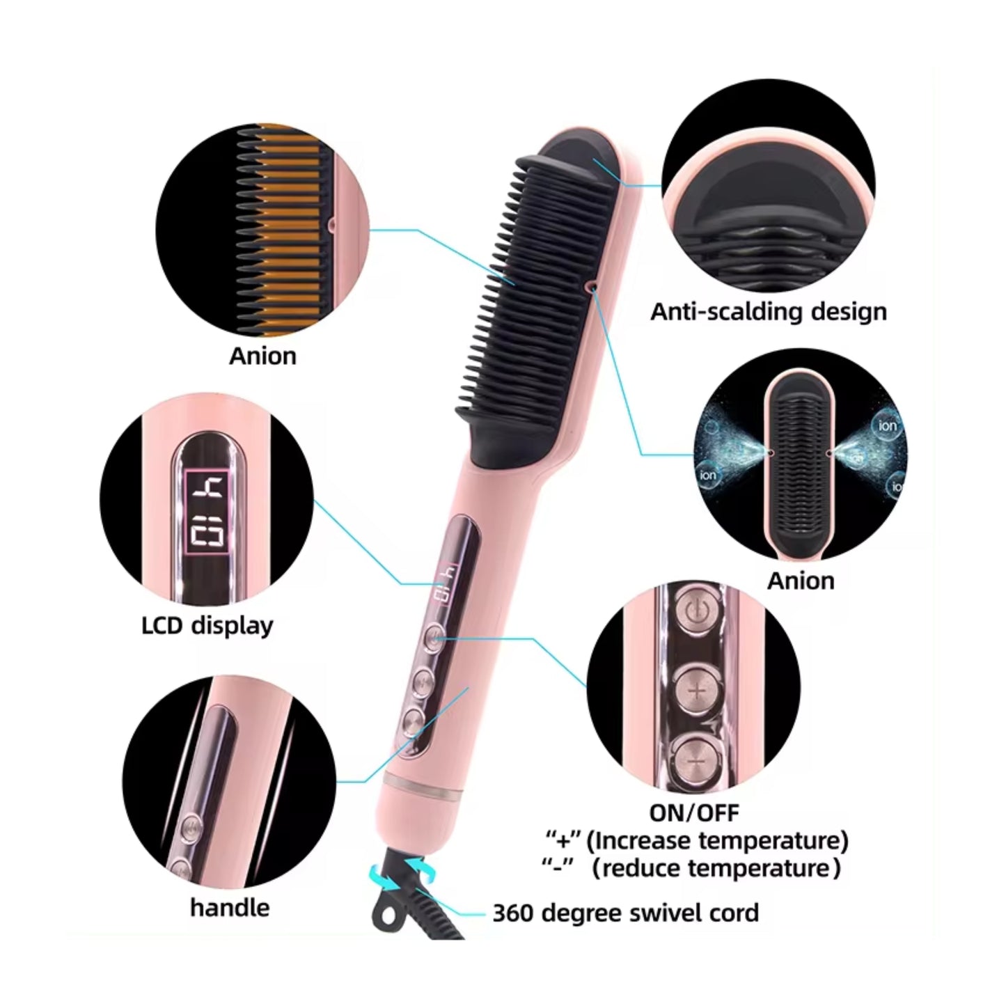 Hair Straightener Brush with 9 Temperature Settings, Fast Heating Hair Straightening Comb with LED Display