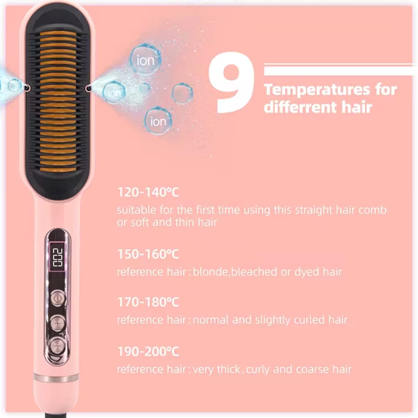 Hair Straightener Brush with 9 Temperature Settings, Fast Heating Hair Straightening Comb with LED Display