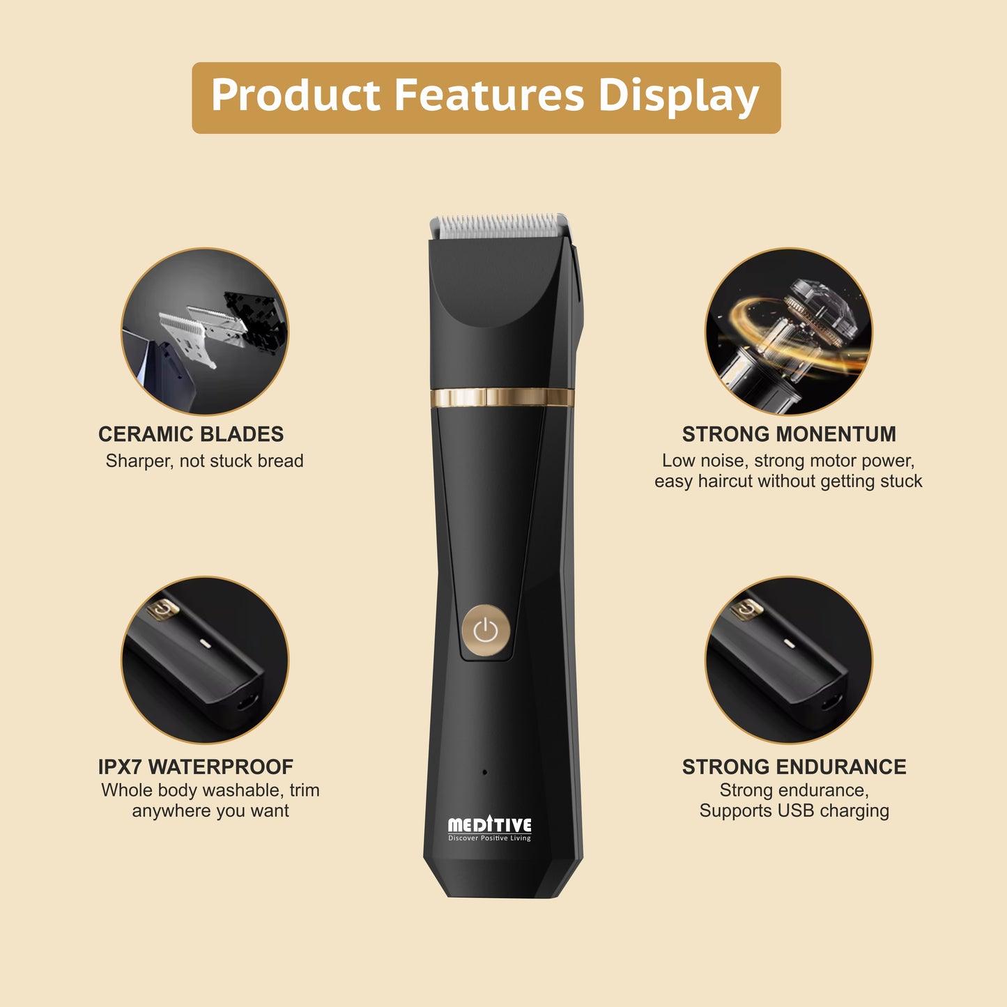 MEDITIVE Hair Trimmer- Ceramic Blade Balls and Body Hair Trimmer – Waterproof