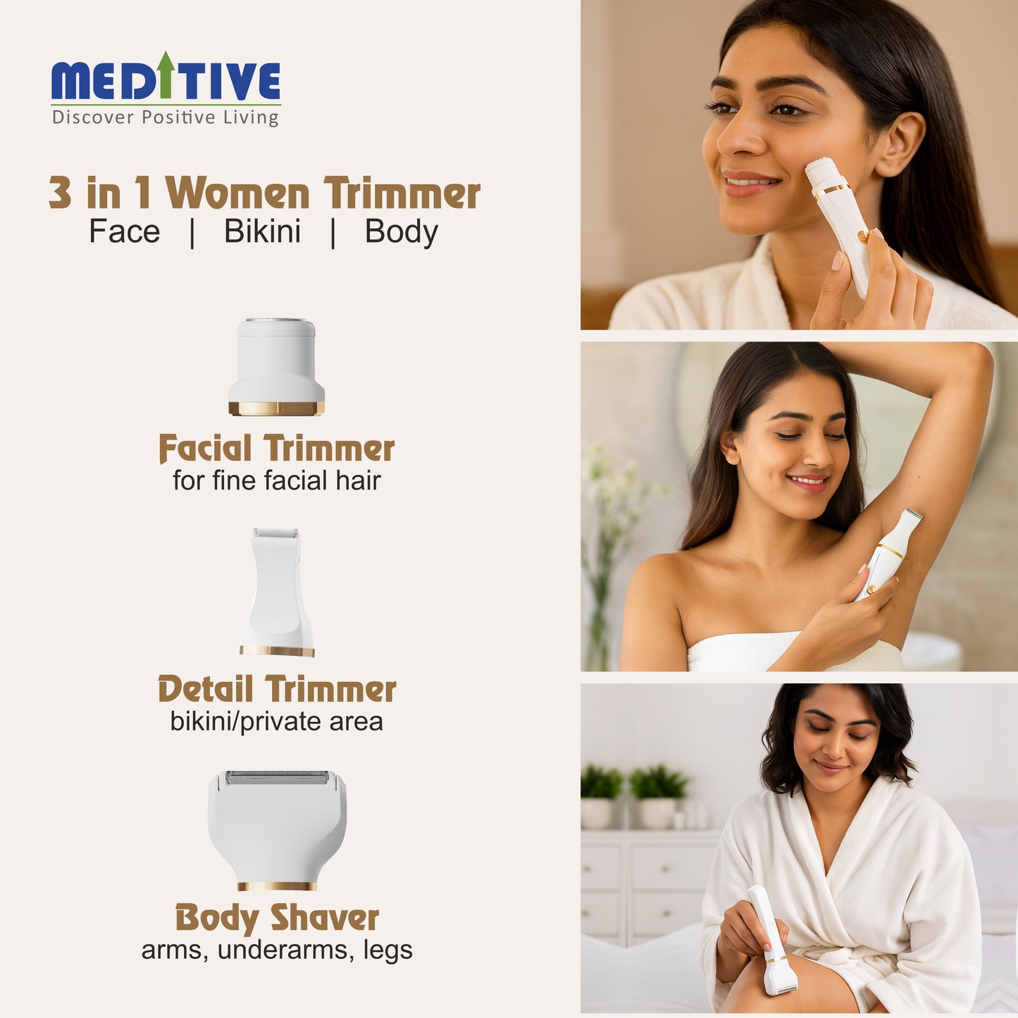 Meditive 3-in-1 Rechargeable Trimmer for Women | Body Shaver, Bikini Trimmer & Facial Hair Remover | Waterproof Wet/Dry, Type-C Cordless Grooming Kit