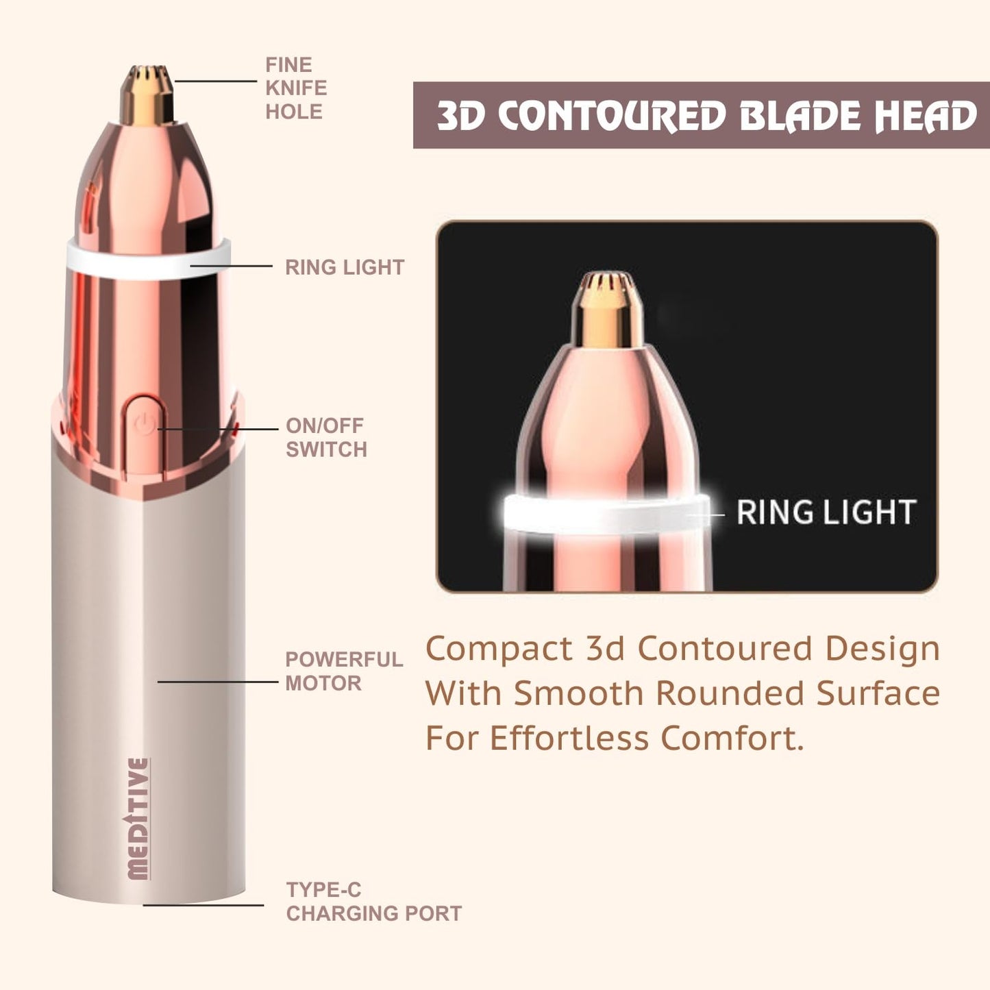 MEDITIVE 2-in-1 Facial Hair Remover & Eyebrow Trimmer | Ring Light | Type-C Rechargeable