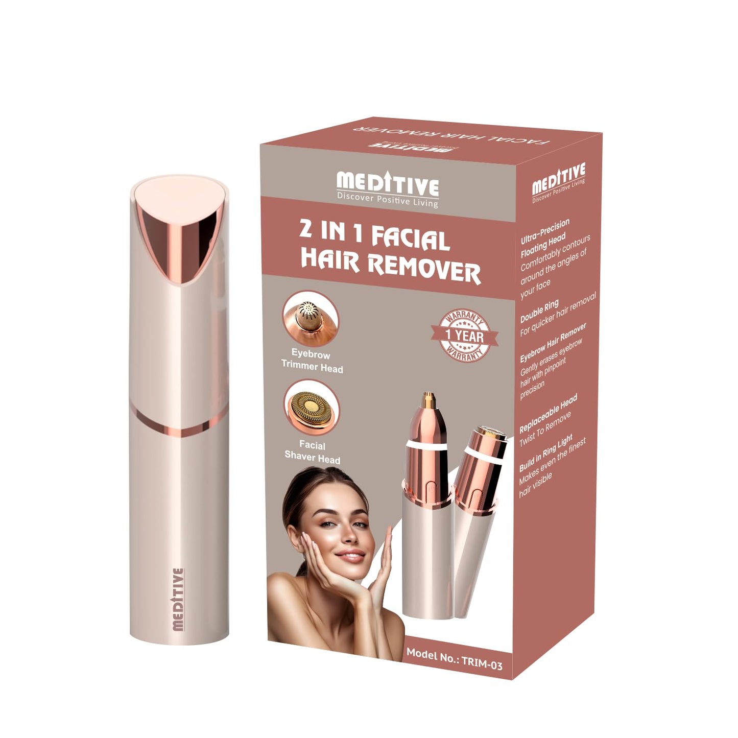 MEDITIVE 2-in-1 Facial Hair Remover & Eyebrow Trimmer | Ring Light | Type-C Rechargeable