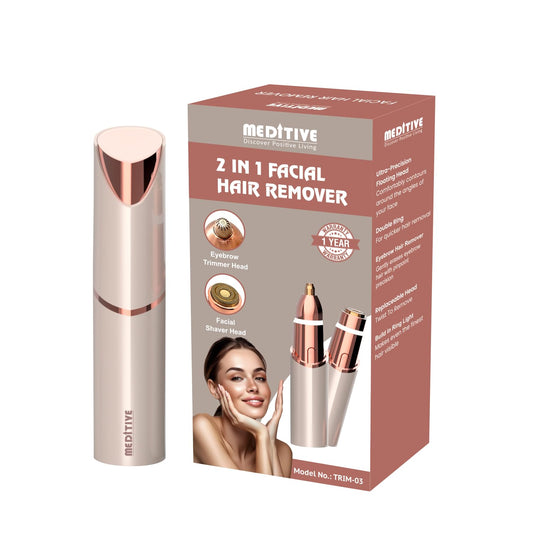 MEDITIVE 2 in 1 Women Facial Hair Remover & Eyebrow Trimmer | Painless Facial Trimmer for Women | Built-in Ring Light | Type-C USB Rechargeable | Compact, Stylish And Easy to Use