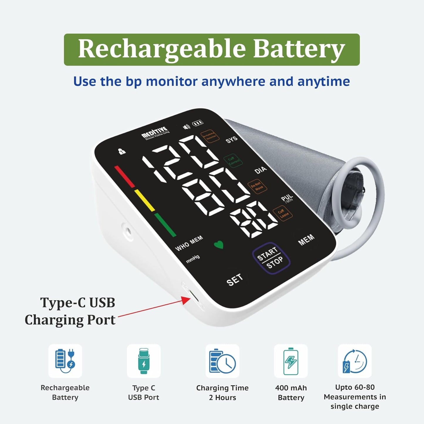MEDITIVE Digital Blood Pressure Monitor with Rechargeable Battery and Type-C Charging USB Port