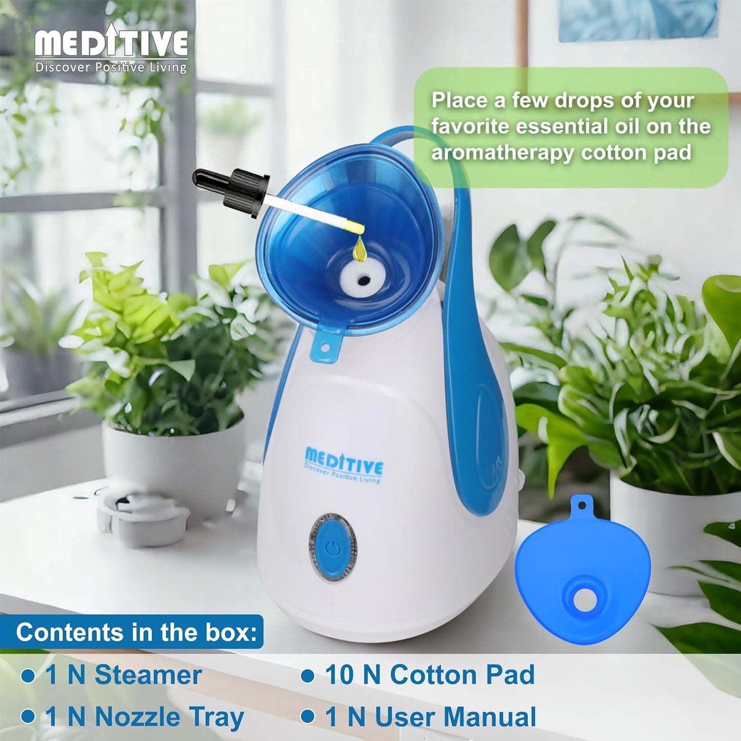 MEDITIVE Facial Steamer for Women & Men | UV Light Sterilization | Fast Mist in 50 Sec | 1 Separate Nozzle Tray | 10 Cotton Pads | 100ml Water Tank | Portable Face Steamer for Home Use | 1 Year Warranty