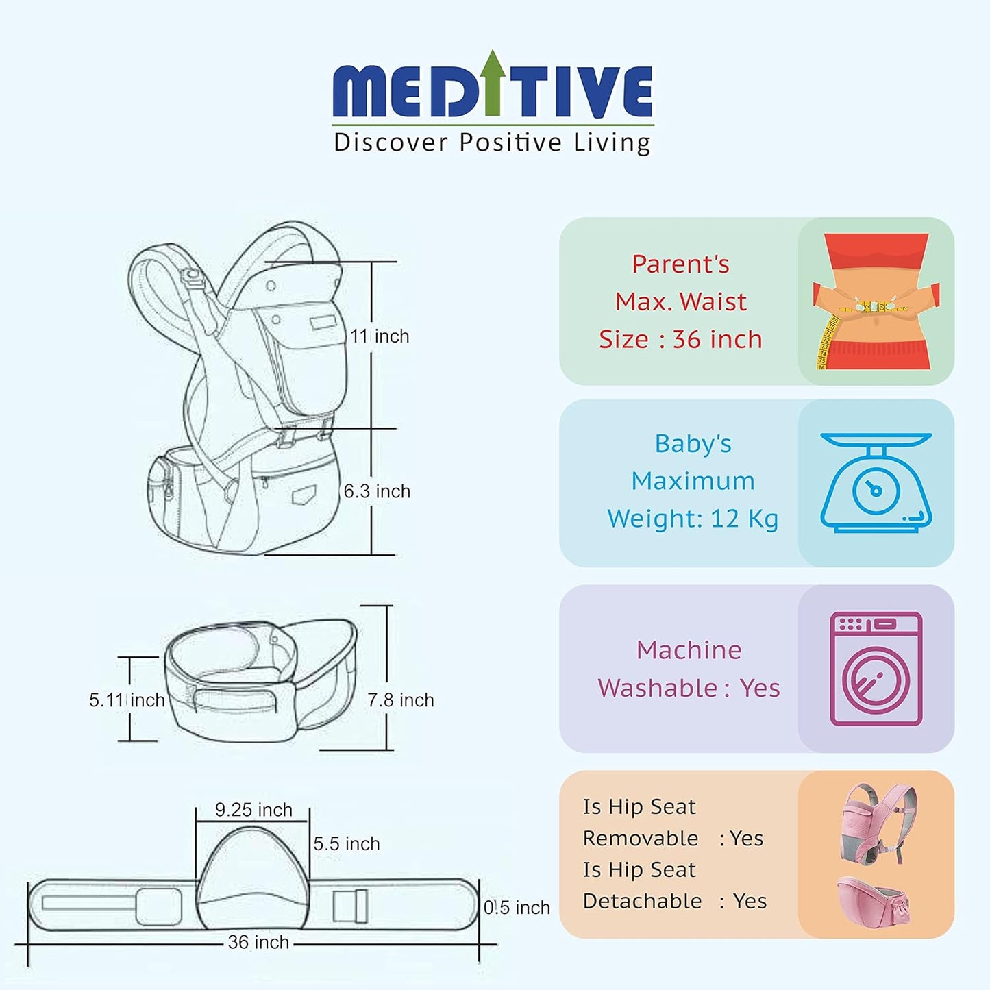 MEDITIVE Baby Carrier with Detachable Hip Seat (2 in 1),Ergonomically Designed