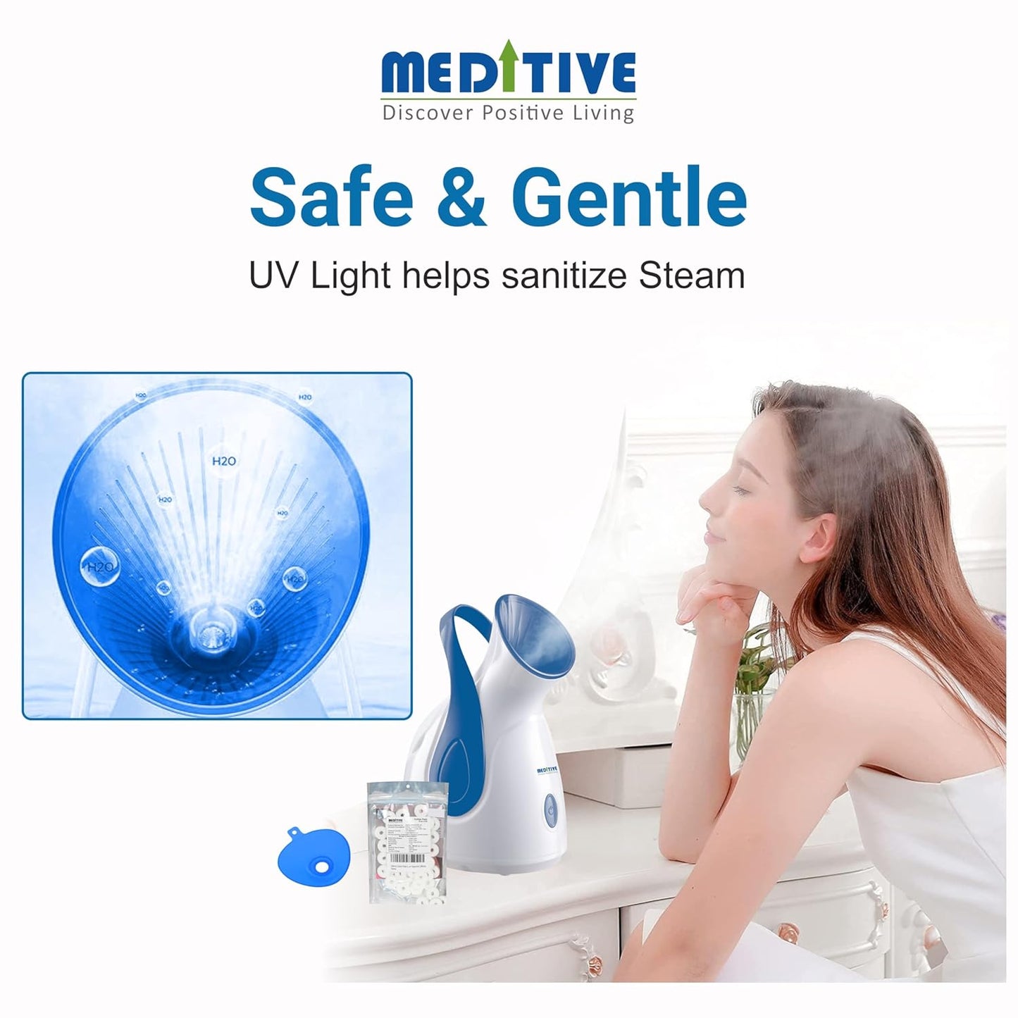 MEDITIVE Facial Steamer for Women & Men | UV Light Sterilization | Fast Mist in 50 Sec | 1 Separate Nozzle Tray | 10 Cotton Pads | 100ml Water Tank | Portable Face Steamer for Home Use | 1 Year Warranty