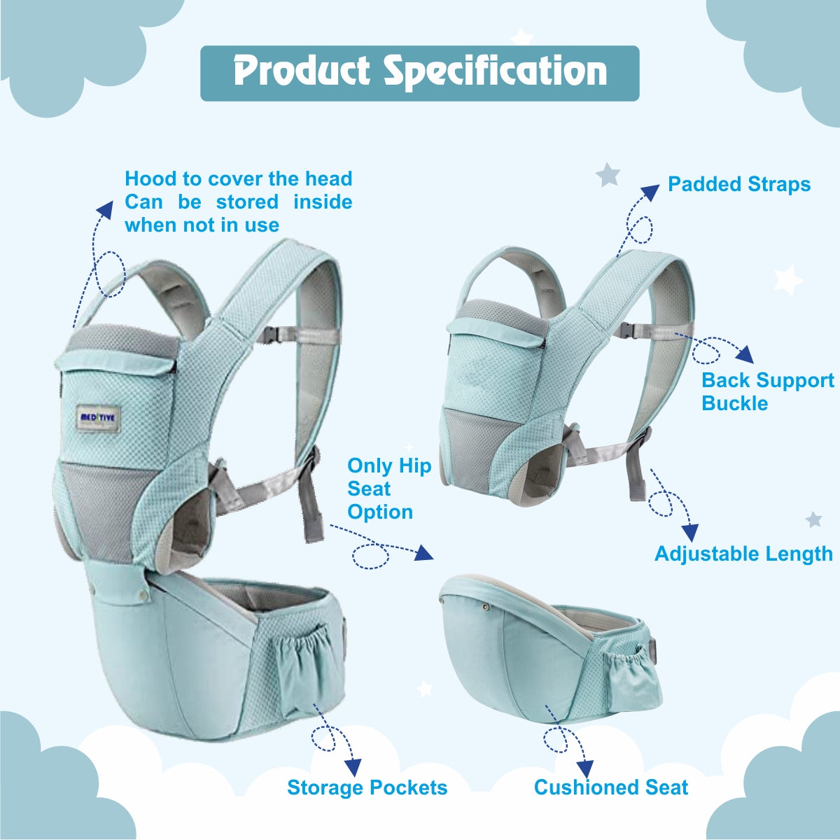 MEDITIVE Baby Carrier with Detachable Hip Seat (2 in 1),Ergonomically Designed