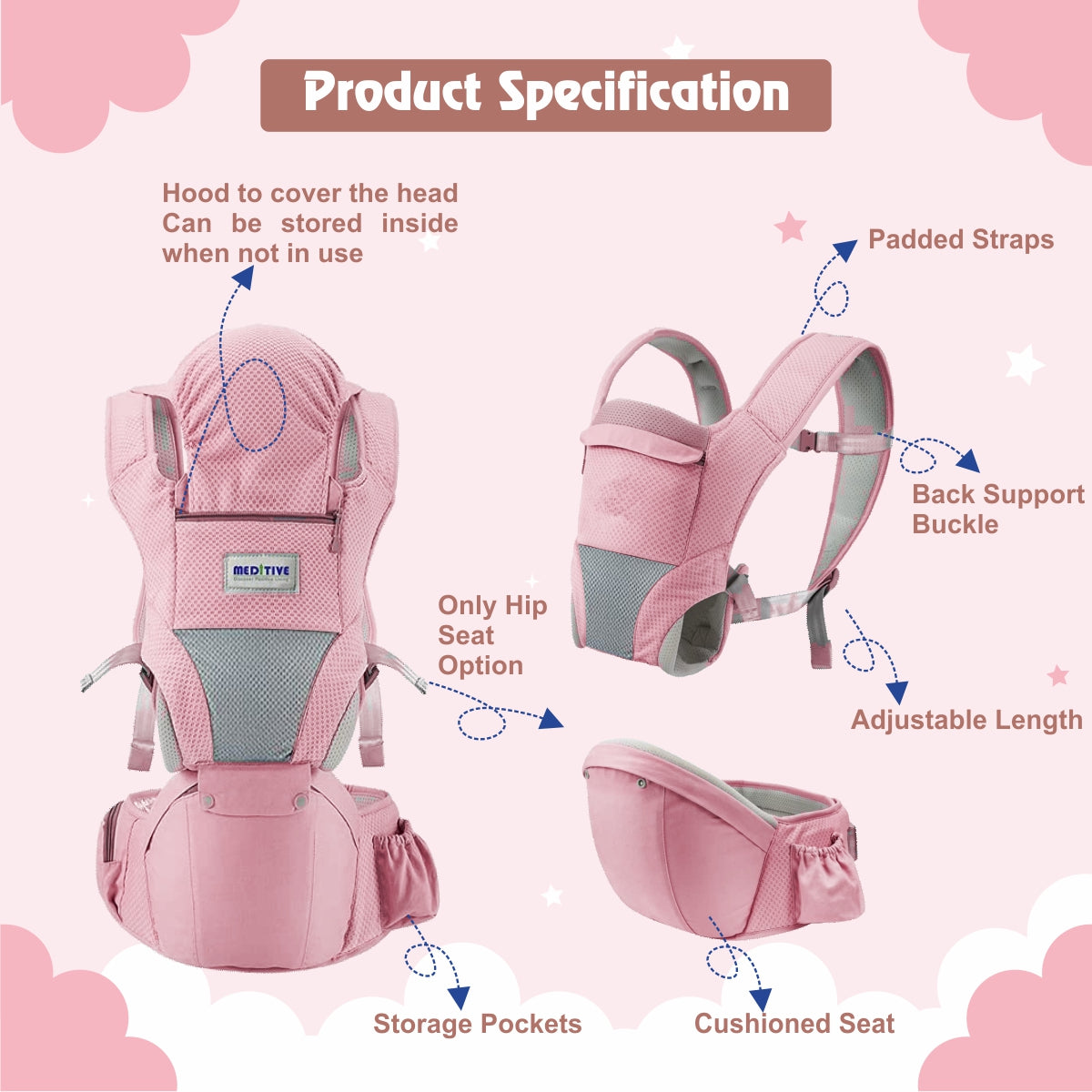 MEDITIVE 2 in 1 Cotton Baby Carrier with Detachable Hip Seat, Ergonomically Made