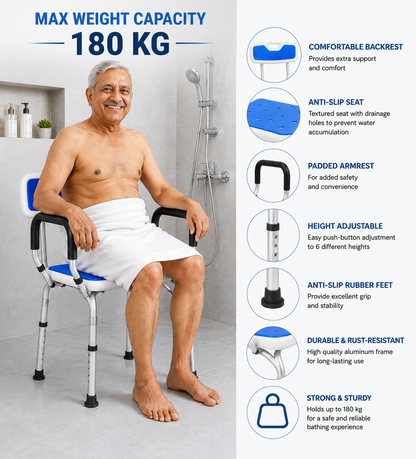 Shower Chair Bath Seat with Padded Armrests and Back, Great for Bathtubs