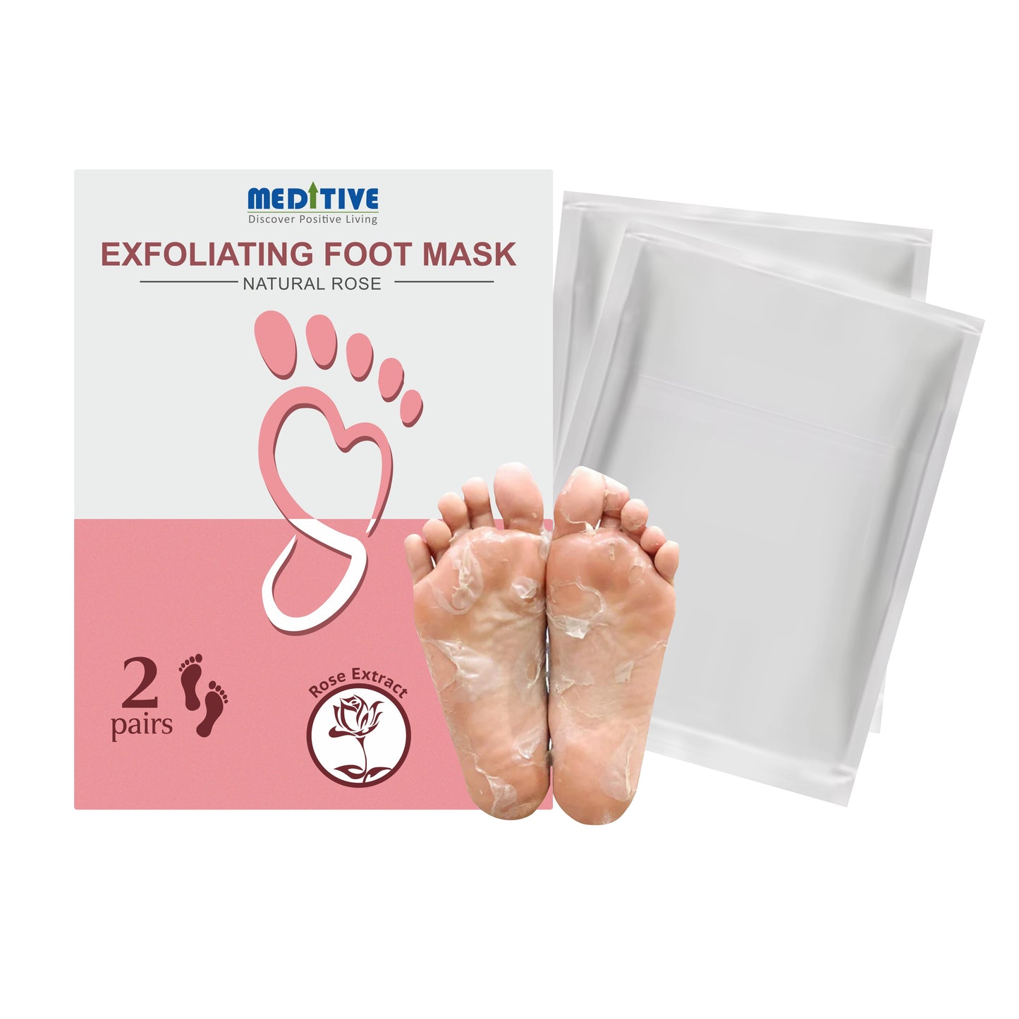 Meditive Exfoliating Foot Mask - Peeling Foot Mask for Dead Skin Removal, Callus & Cracked Heel Repair, Foot Care Treatment, Softens & Smoothens Feet, Foot Spa Mask for Dry, Rough, and Cracked Feet– 2 Pair (ROSE)