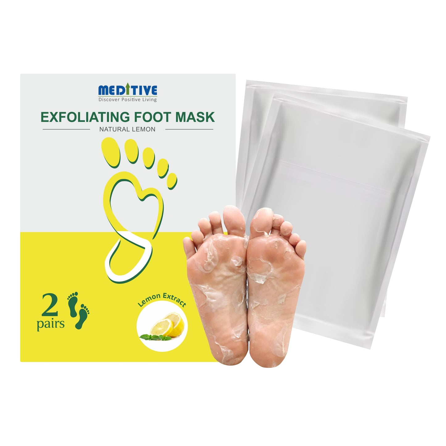 Meditive Exfoliating Foot Mask - Peeling Foot Mask for Dead Skin Removal, Callus & Cracked Heel Repair, Foot Care Treatment, Softens & Smoothens Feet, Foot Spa Mask for Dry, Rough, and Cracked Feet,2 pair(Lemon)