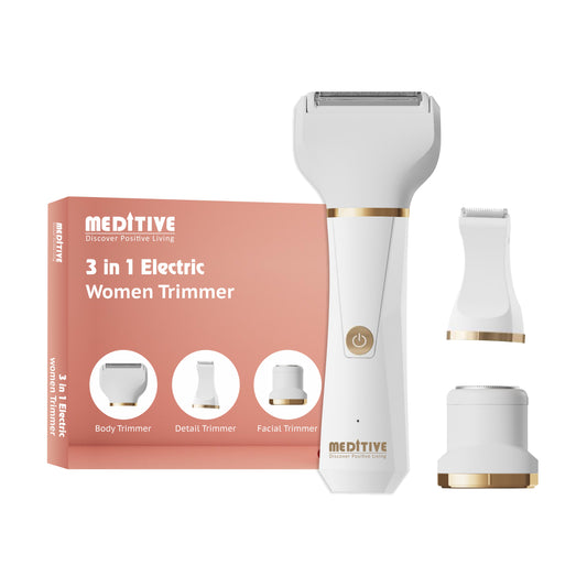 Meditive 3-in-1 Rechargeable Trimmer for Women | Body Shaver, Bikini Trimmer & Facial Hair Remover | Waterproof Wet/Dry, Type-C Cordless Grooming Kit