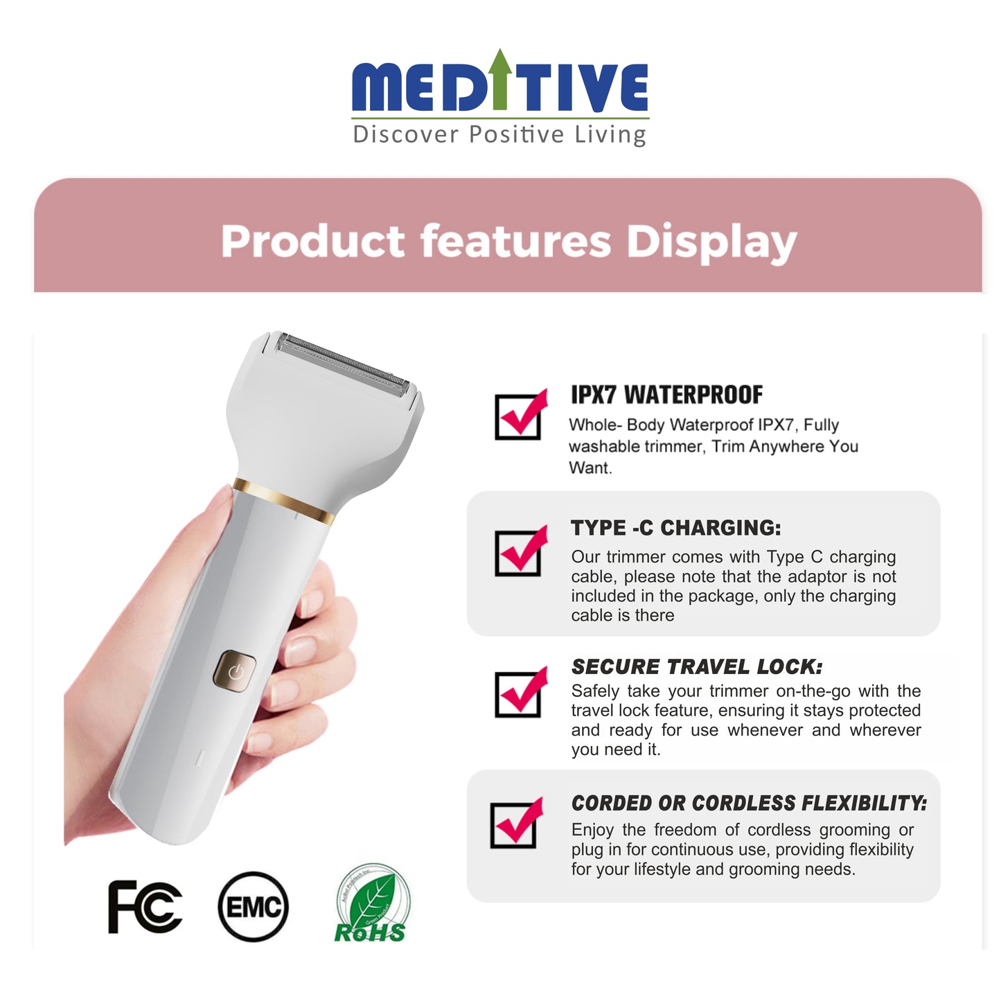 Meditive 3-in-1 Rechargeable Trimmer for Women | Body Shaver, Bikini Trimmer & Facial Hair Remover | Waterproof Wet/Dry, Type-C Cordless Grooming Kit