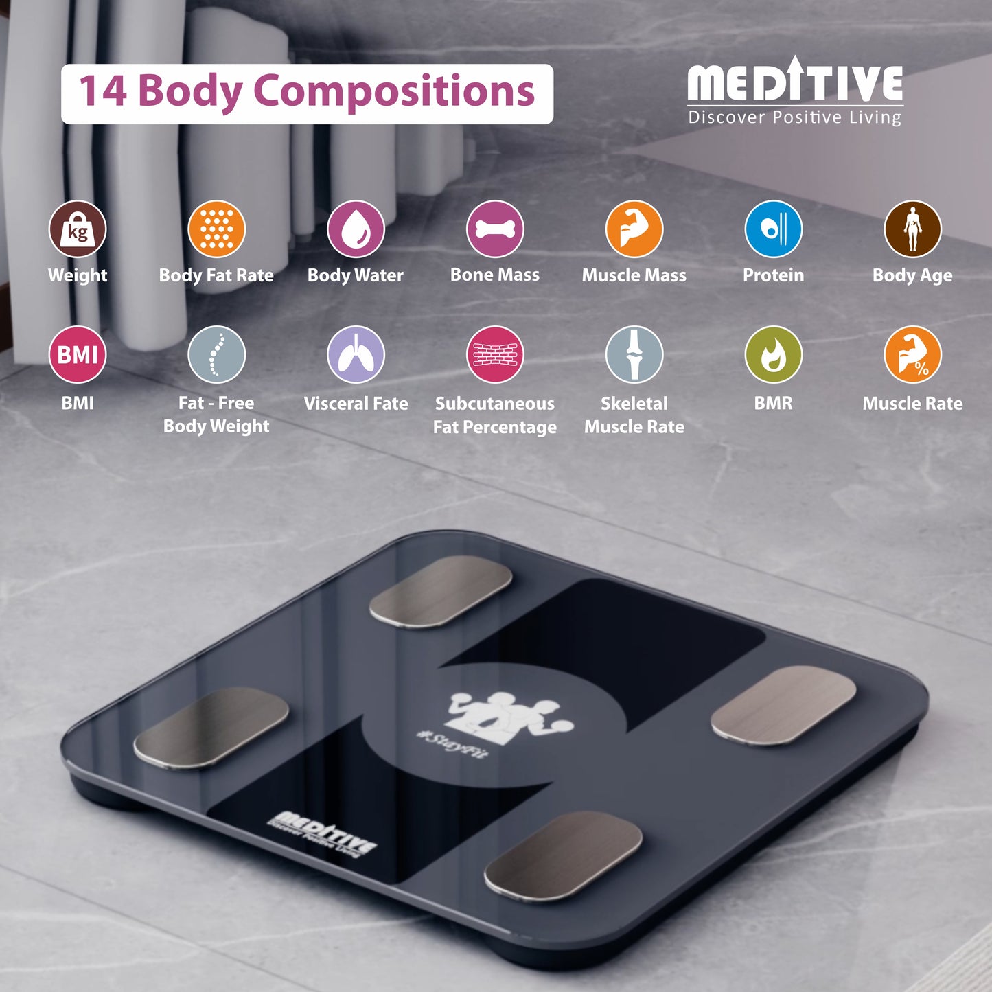 MEDITIVE SMART BMI WEIGHT SCALE LARGE CAPACITY 180 Kg, WITH 1 YEAR WARRANTY