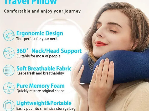 Memory Foam Neck Pillow for Travel (Blue)