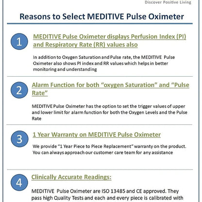 MEDITIVE Finger Tip Pulse Oximeter With Alarm Function. Blood Oxygen, Pulse Rate